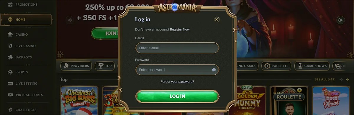 Casino login popup with email and password input fields, a green “Log In” button, and a password recovery link, styled in a dark gold-themed interface over a casino lobby showing game categories and promotional banners.